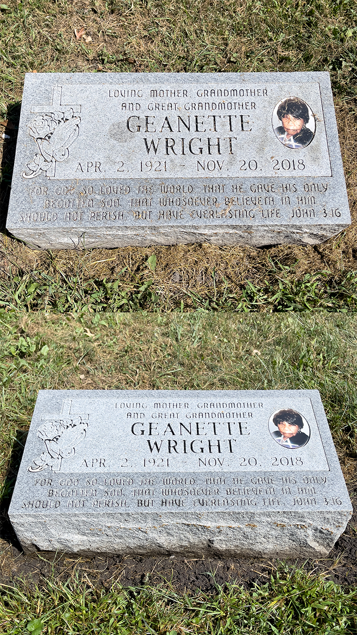 Before and after cleaning of the Geanette Wright memorial